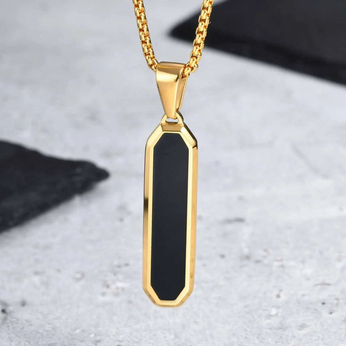 Men's Geometric Square Necklace | Black Enamel Rectangle Pendant with Rope Chain detail view