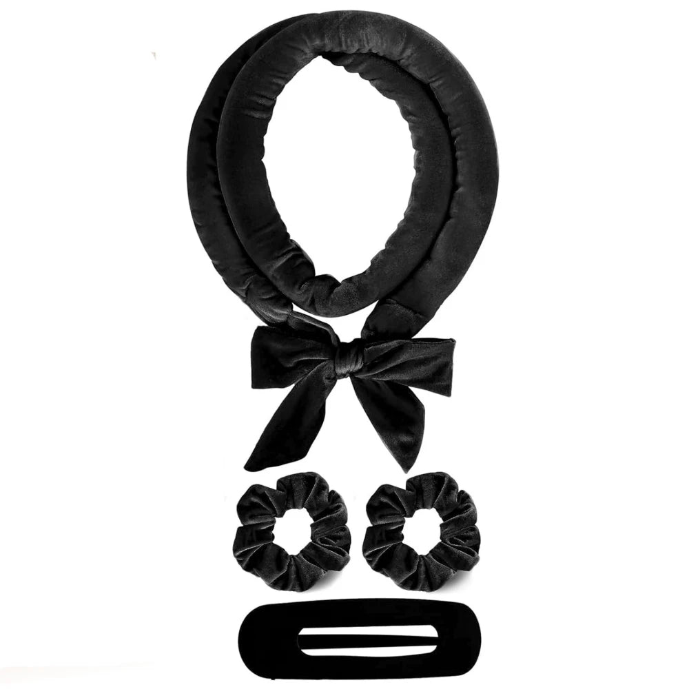 Velvet Heatless Hair Curlers Headband Kit No Heat Curls Tool + Satin Sleep Cap + Hair close-up view