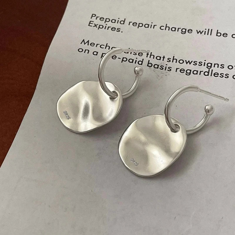 PANJBJ925 Sterling Silver Frosting Hoop Earrings For Women Texture Geometry Design Tre close-up view