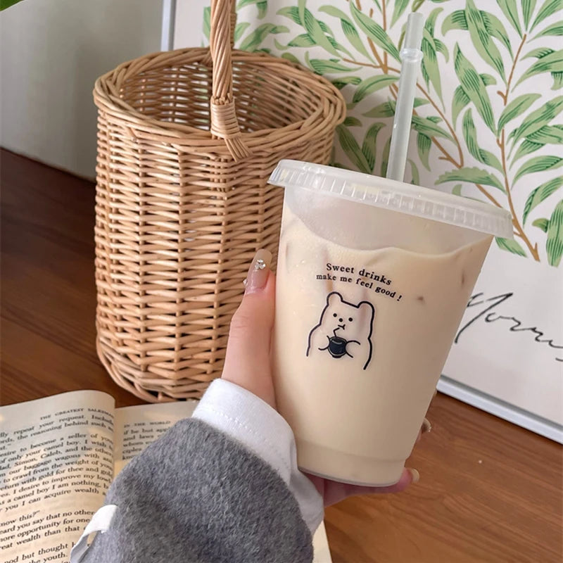 Kawaii Water Bottle For Coffee Juice Tea Cute Tumbler Plastic Cups With Straw Lid Por lifestyle view