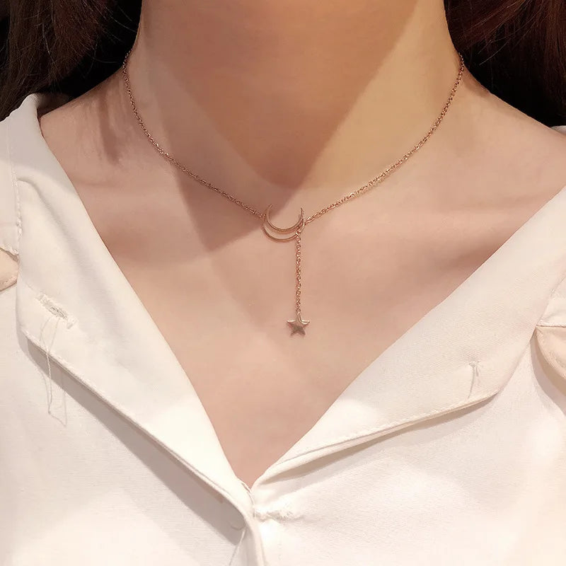 New Simple Moon Star Pendant Choker Necklace Simple Gold Color Alloy Charm Chain Colla close-up view