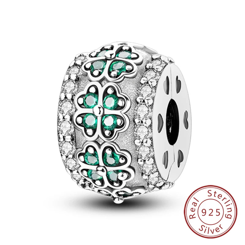 925 Sterling Silver Pendant Charms Beads Green Four-leaf Clover Love Family Tree Charm close-up view