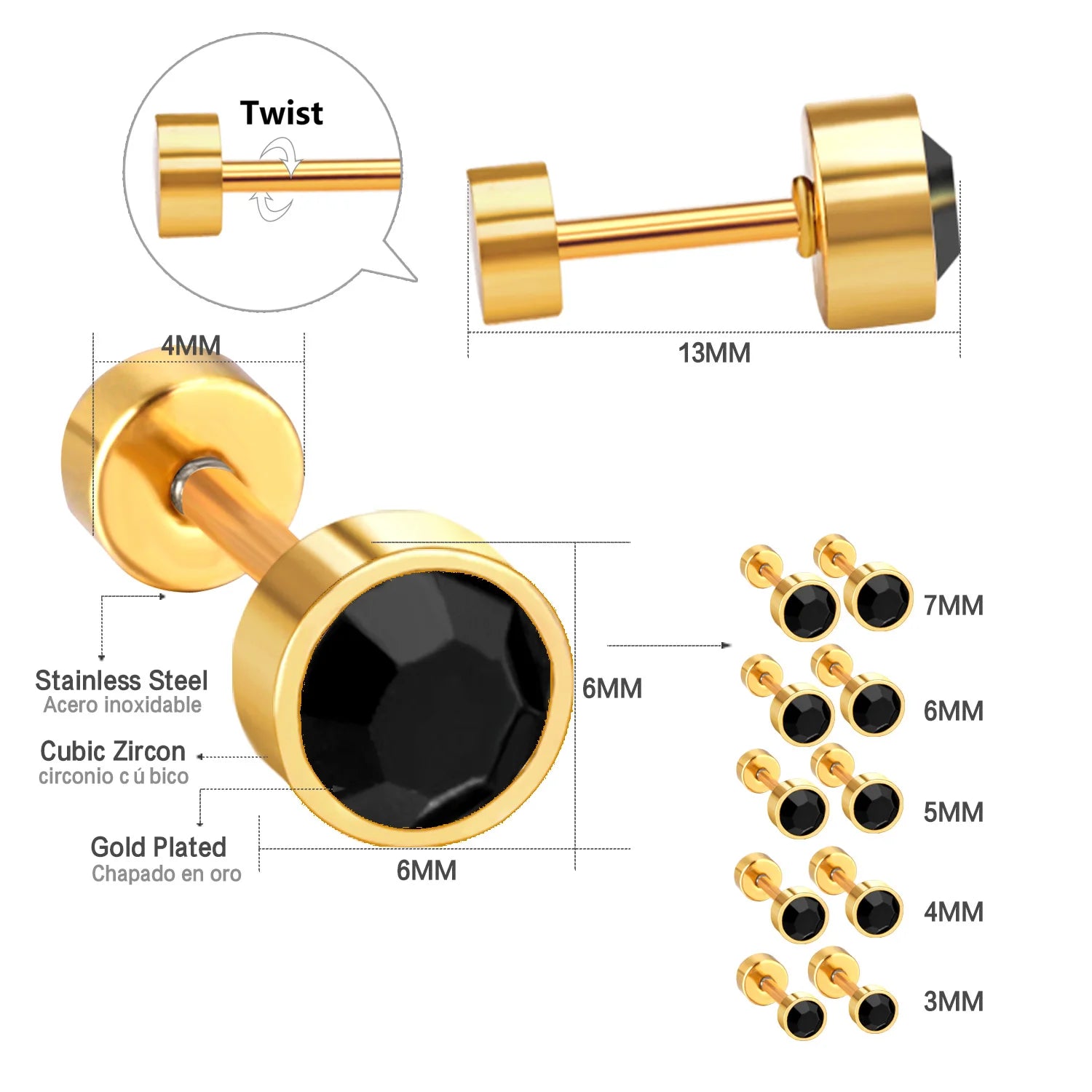 LUXUSTEEL 3mm-7mm Black White CZ Zircon Stud Earrings | Screw Back Stainless Steel No close-up view