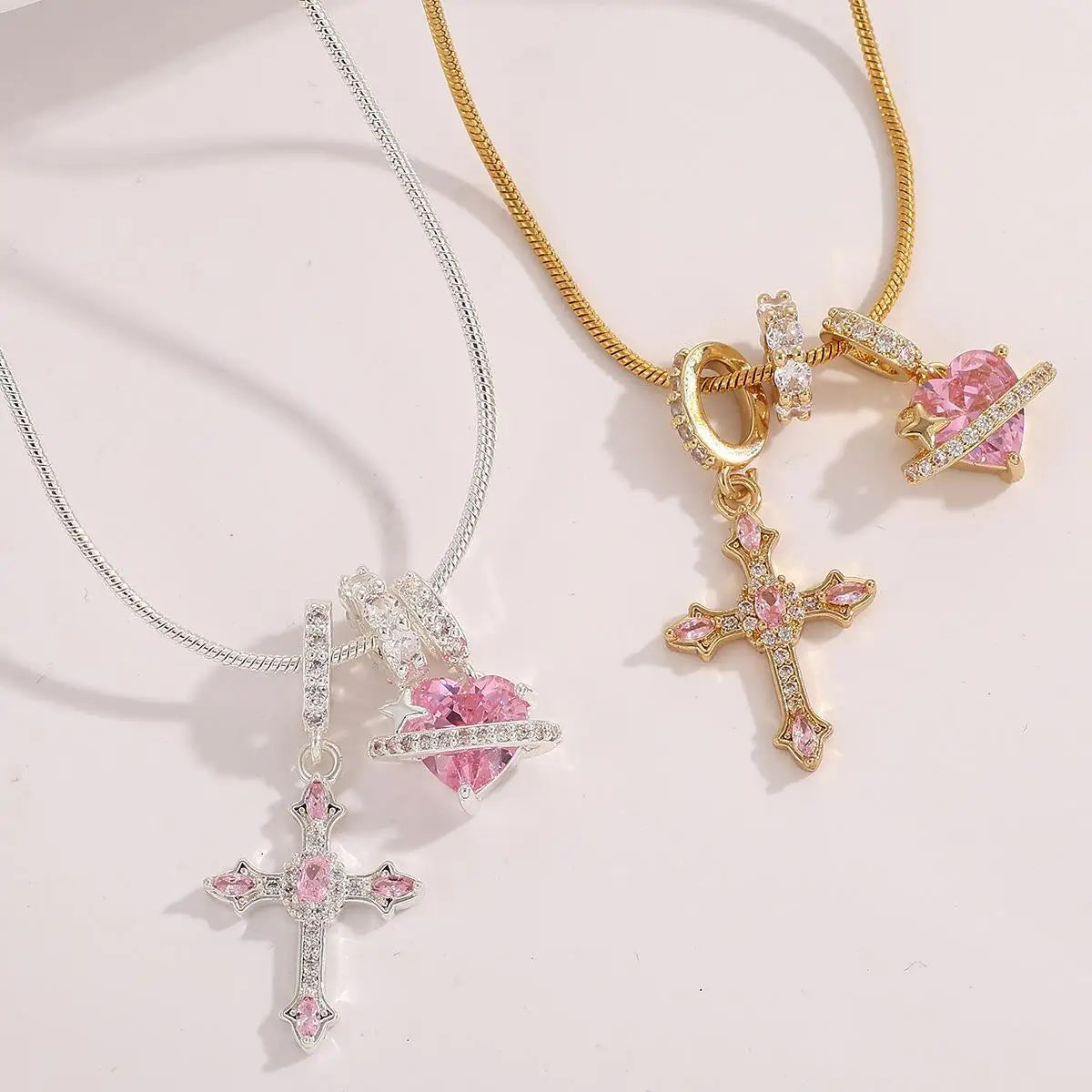 Heart Cross Pendant Necklace for Women Stainless Steel Necklace 14K Gold Plated Sna additional angle