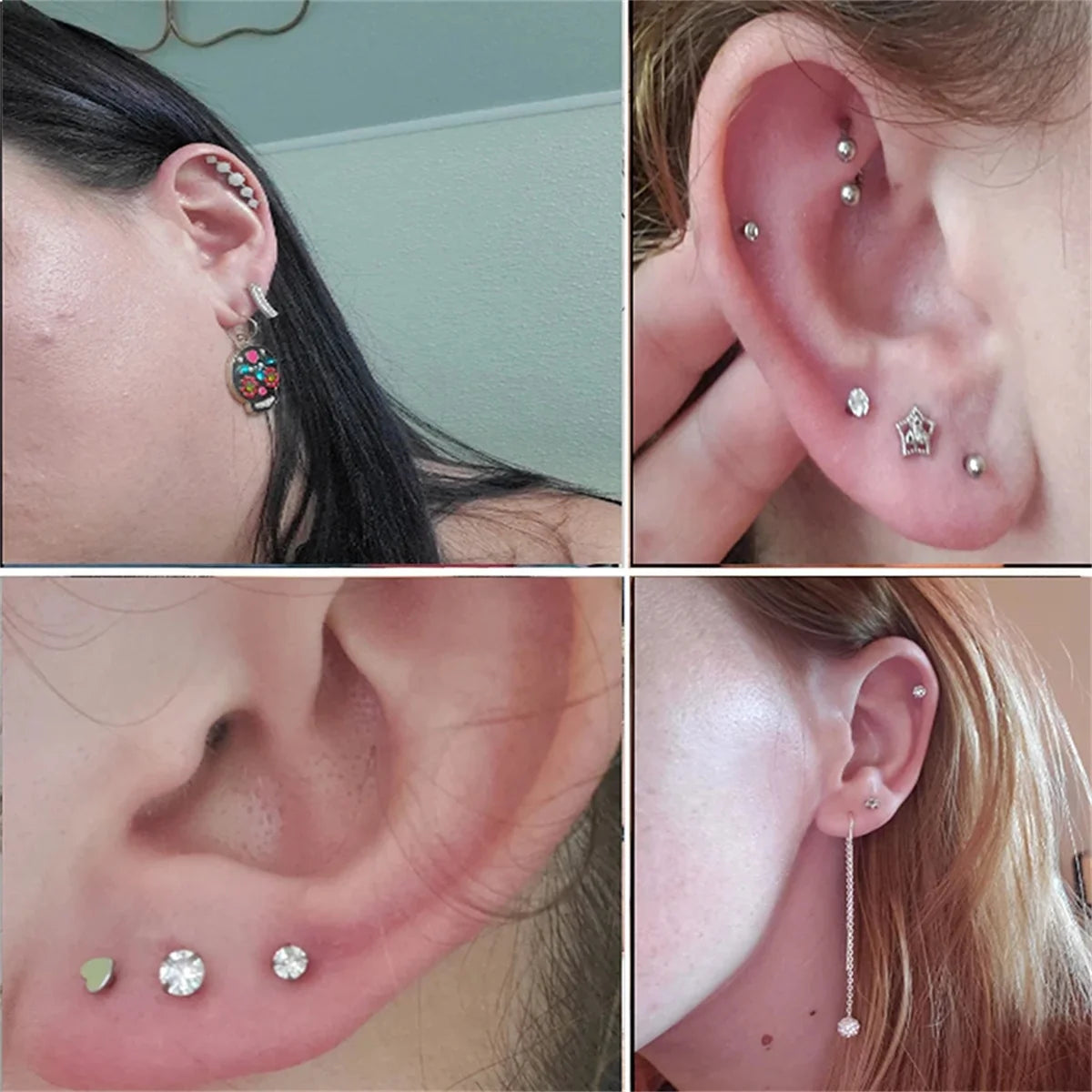 2pcs Hypoallergenic Stainless Steel Cartilage Stud Earrings,Eye Flame Moon Barbell Bac close-up view