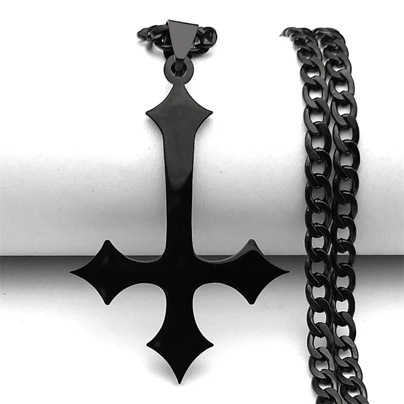 Goth Upside Down Cross Stainless Steel Pendant Necklace | Inverted Crucifix Gothic Je alternate view
