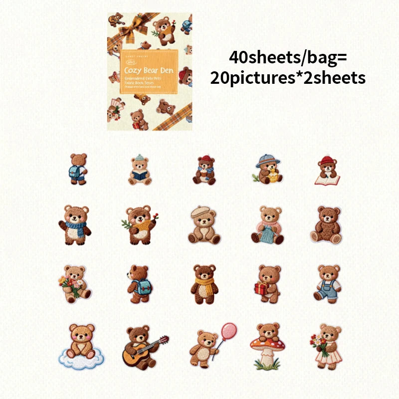 Kawaii Embroidered Fabric Pet Sticker Set | 40Pcs White Kraft Paper Journal Decor close-up view