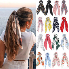 Fashion Flower Print Bow Satin Long Ribbon Ponytail Scarf Tie Scrunchies Women Girls Elastic Bands H