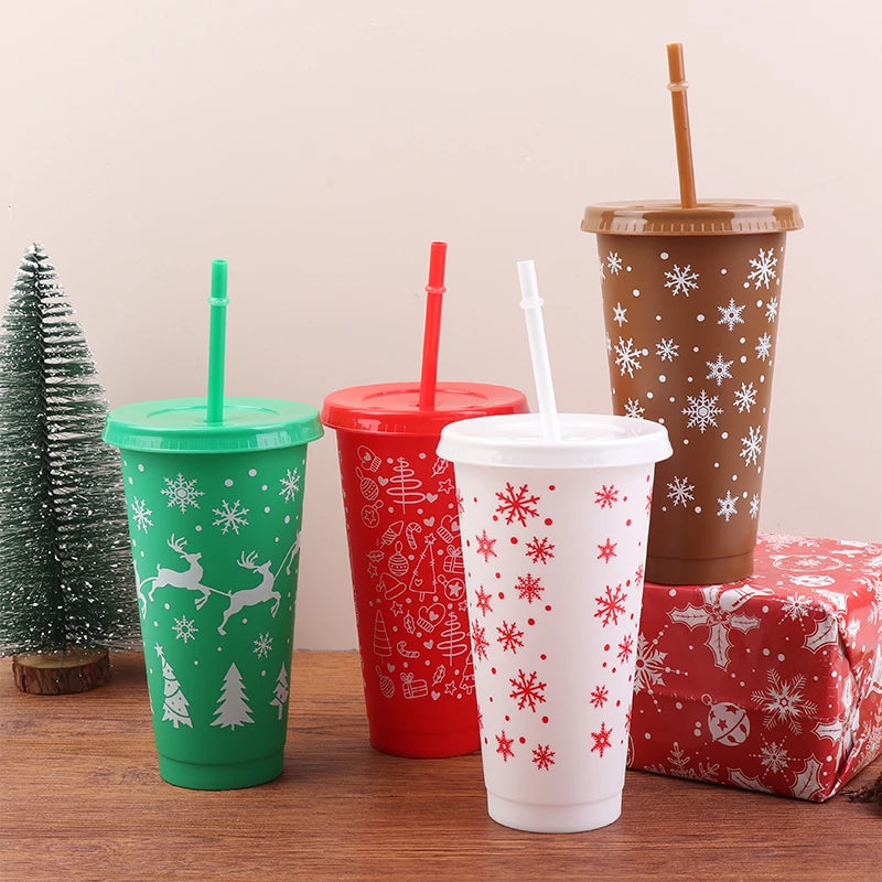 1Pc 710ML Christmas Coffee Straw Cup Reusable Xmas Tree Snowflake Plastic Cup With Lid New Year 2026