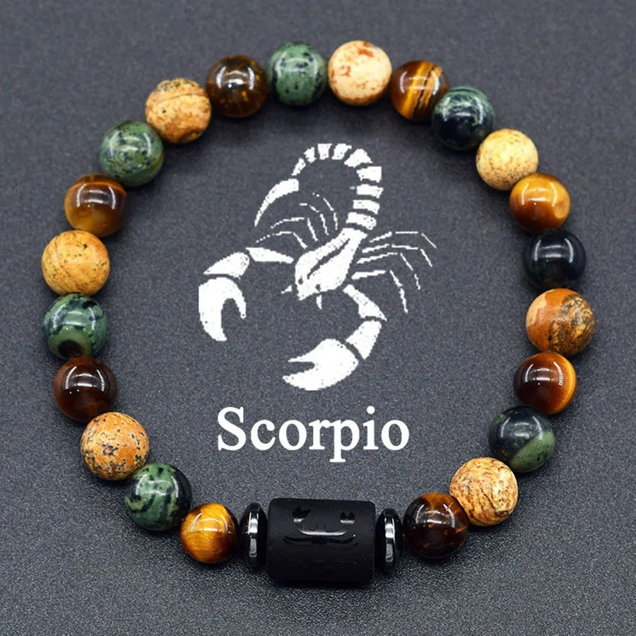 12 Zodiac Sign Bracelet Homme Constellation Bangle Natural Yellow Tiger Eye Stone Hemati detail view