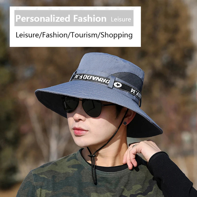 Windproof Men Outdoor Hat | Wide Brim Flat Top Fisherman Hat with Letter Print and An lifestyle view
