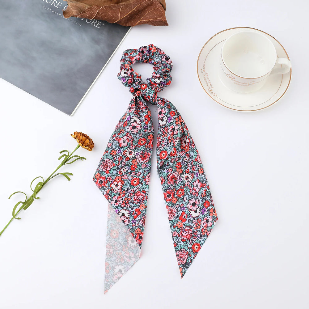 Fashion Flower Print Bow Satin Long Ribbon Ponytail Scarf Tie Scrunchies Women Girls alternate view
