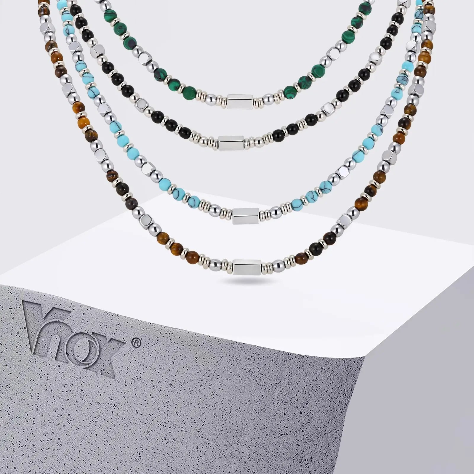 Vnox Stainless Steel Natural Stone Beaded Necklace | Trendy Adjustable Choker for Men alternate view