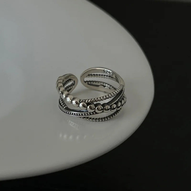 VENTFILLE 925 Sterling Silver Rings INS Fashion Hip Hop Vintage Couples Hollow Lines Pun detail view