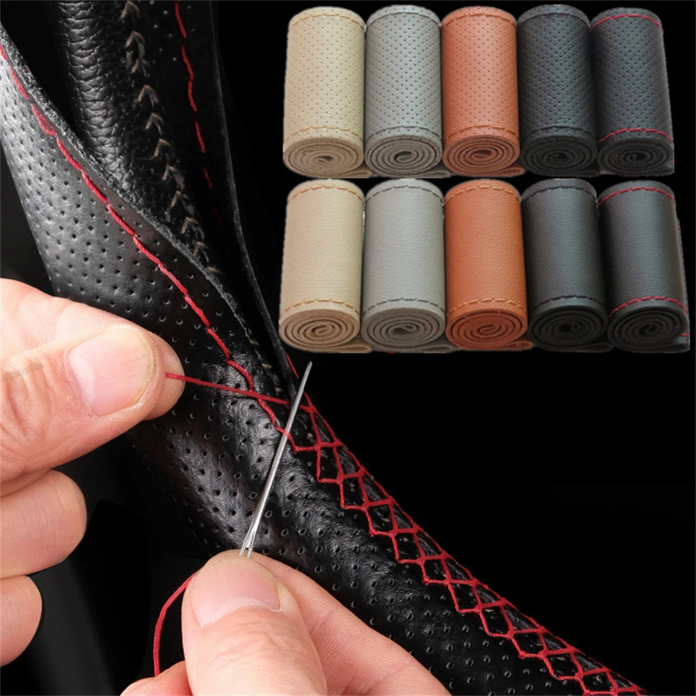 Leather Car Steering Wheel Cover Car Braid On The Steering Wheel 38 CM DIY Universal alternate view