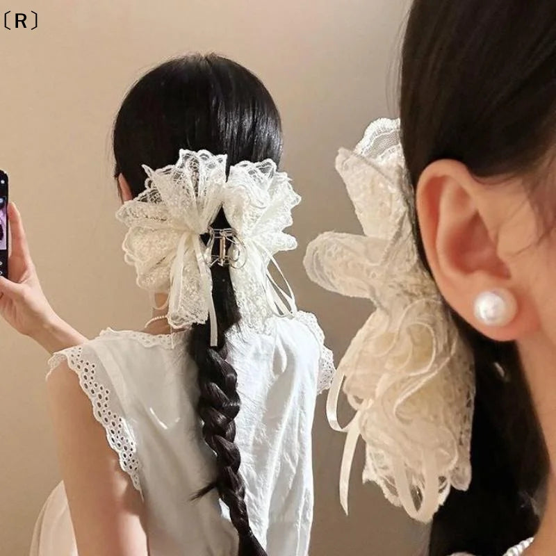 〔R〕Elegant White Ribbon Bow Hair Claws Fashion Fabric Hair Clip Crab For Girl Gift Hair Accessories Valentine Headwear