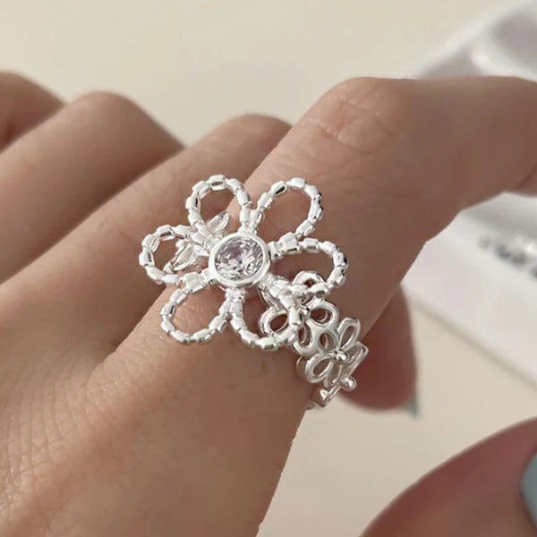 VENTFILLE 925 Sterling Silve Flower Ring for Women Gift Hollow Out Design Retro Hip additional angle