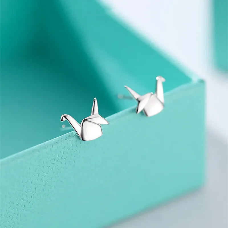 925 Sterling Silver Paper Crane Stud Earrings | Cute Mini Piercing Earrings for Women detail view