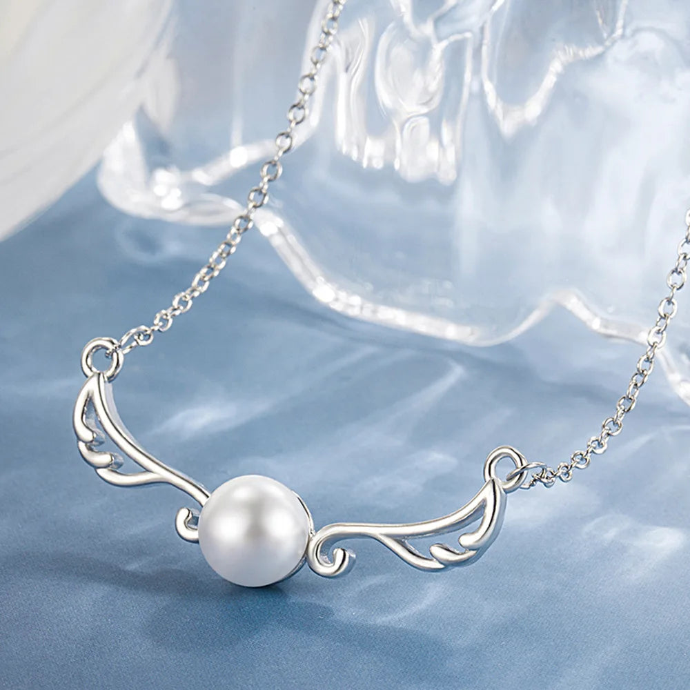 925 Sterling Silver Light Luxury Premium Wings Pearl Necklace Anniversary Birthday Party detail view