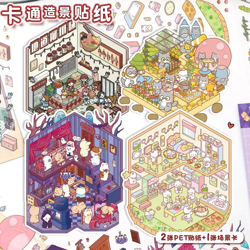 Cartoon Trumpet Landscaping Sticker Cute 3D Three-dimensional Hut Hand Account Sticker Miniature Scene Collage DIY Sticker