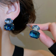 New Vintage Blue Coffee Square Oval Rhinestones Stud Earrings Women Shiny Cubic Geomet close-up view