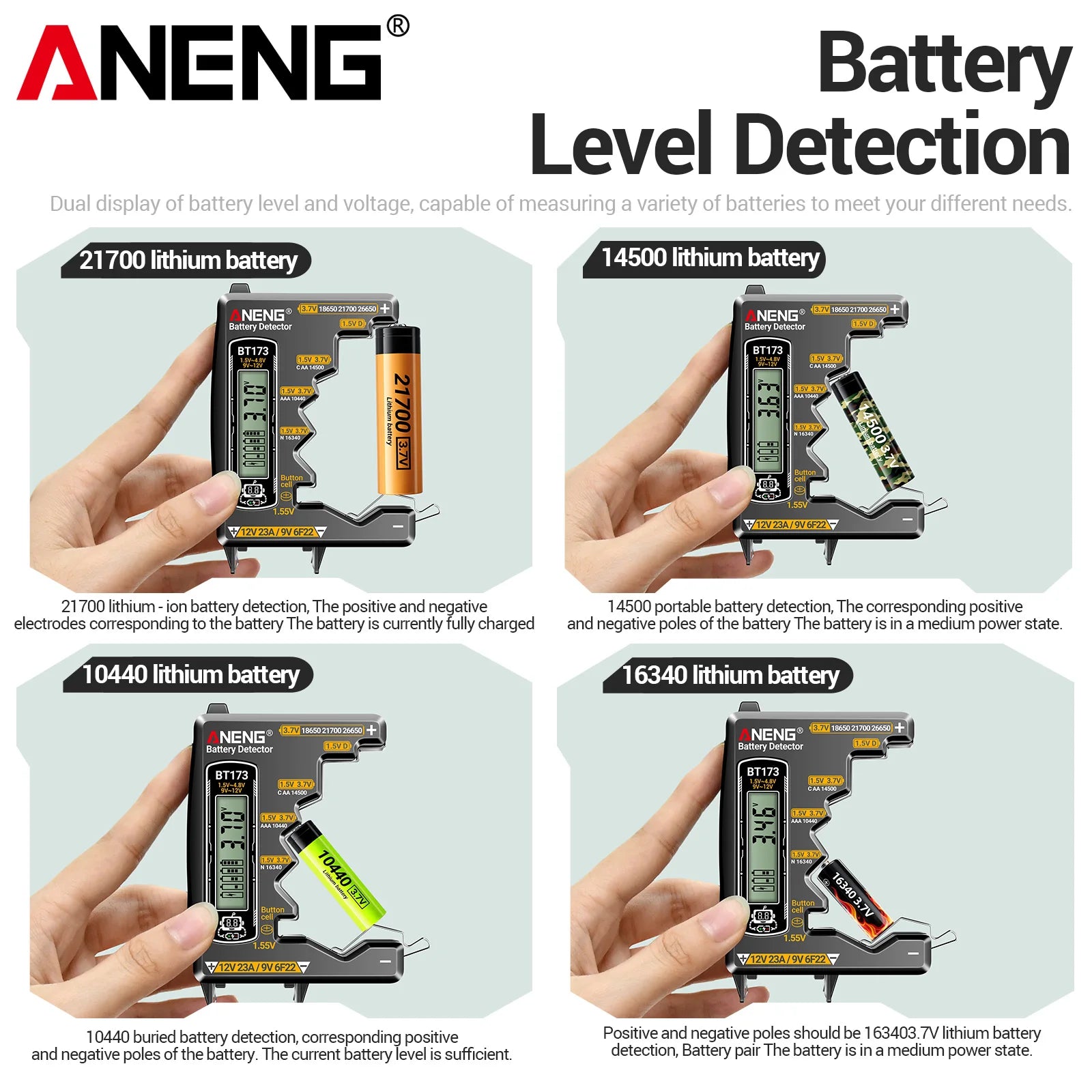 ANENG BT173 Universal Digital Battery Tester | 18650/AA/AAA/9V/12V Button Battery L additional angle