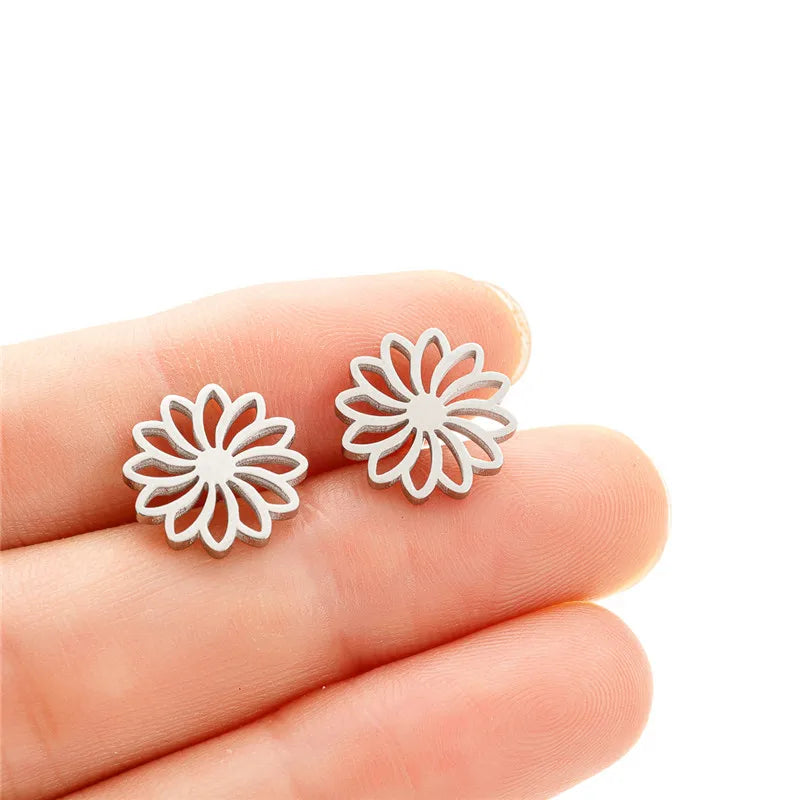 Multiple Stainless Steel Flower Stud Earrings Women Korean Daisy Mandala Rose Lotus additional angle