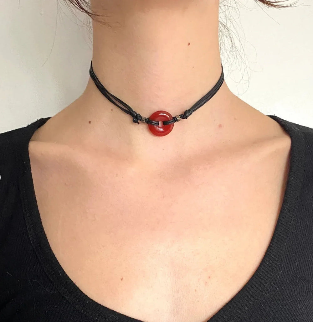 Amethyst Choker, Black Adjustable Necklace on Cotton Cord, Gemstone Gift for A Gothic close-up view