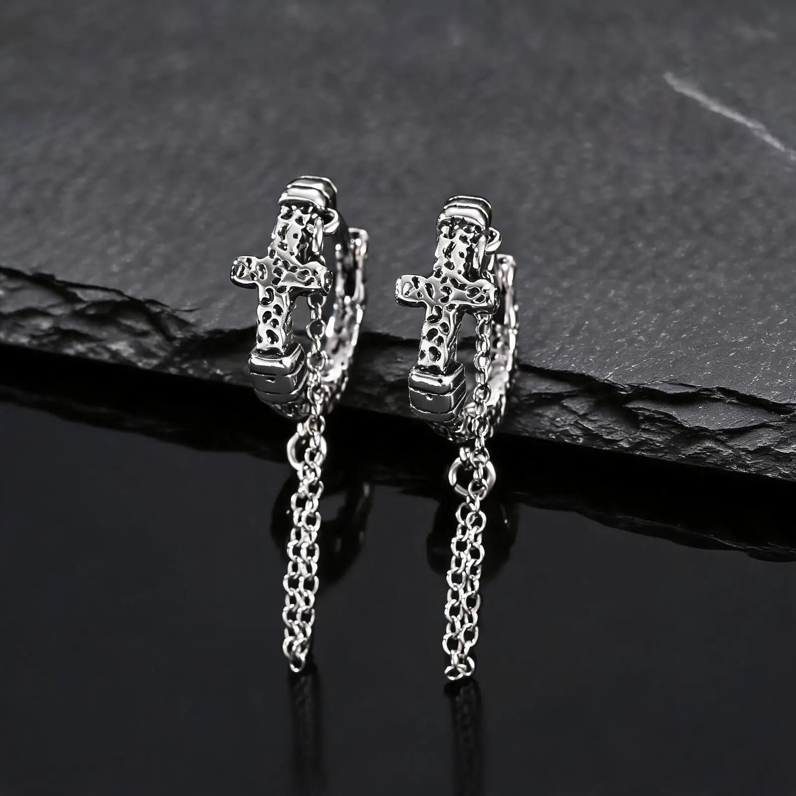 Vintage Cross Hoop Earrings for Men,Rock Punk Gothic Metal Pierced Huggies Earrings,P alternate view