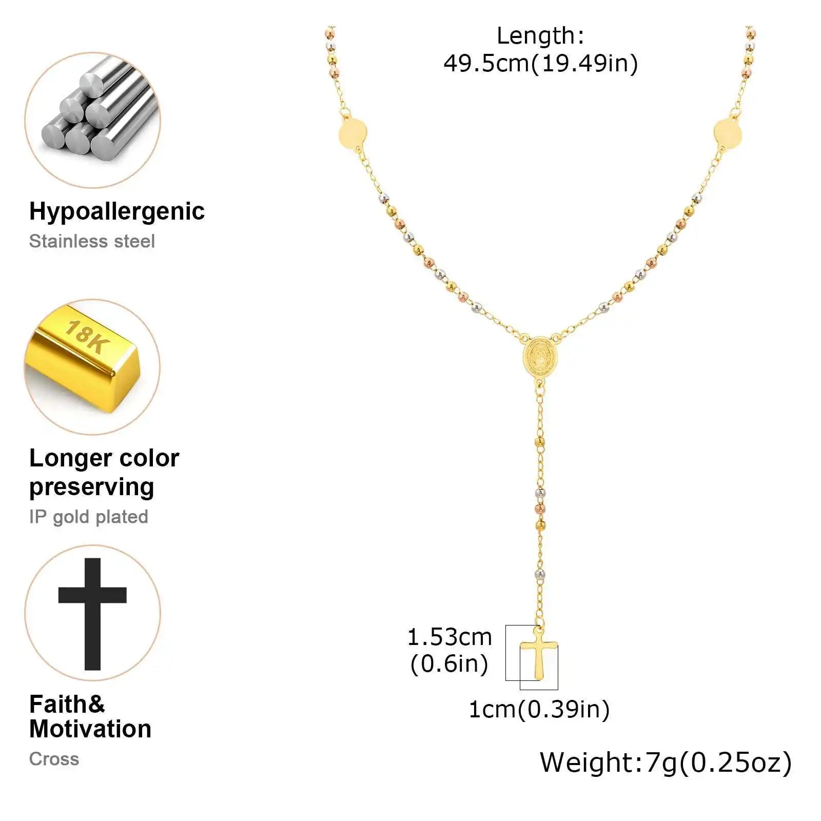 Prjewel Stainless Steel Three-Color Beaded Cross Pendant Y-Necklace | Faith-Inspire additional angle