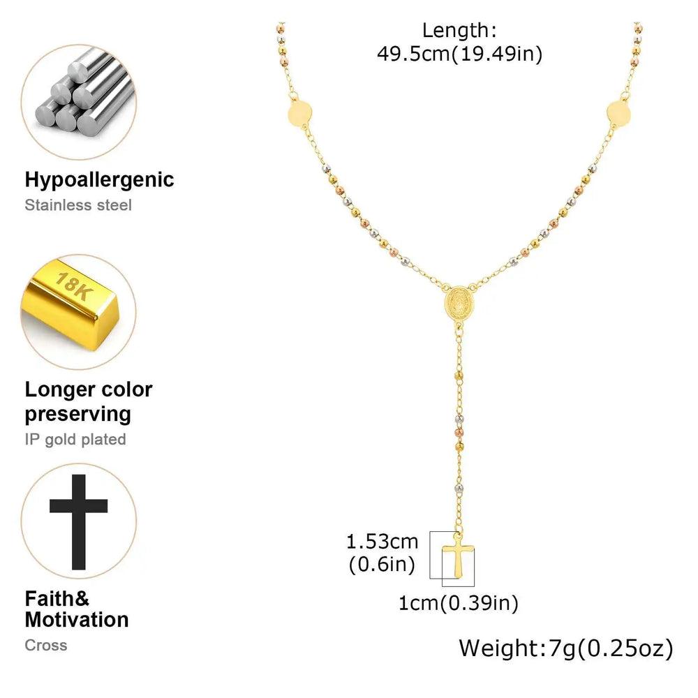Prjewel Stainless Steel Three-Color Beaded Cross Pendant Y-Necklace | Faith-Inspire additional angle