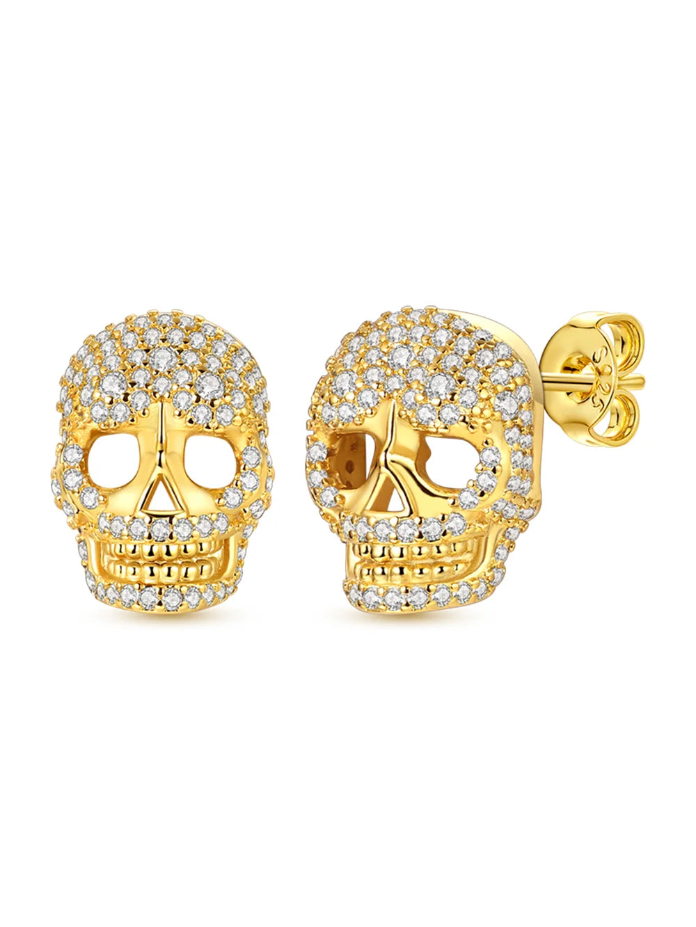 925 Sterling Silver Skull Stud Earrings | Shiny Gold Finish for Women additional angle