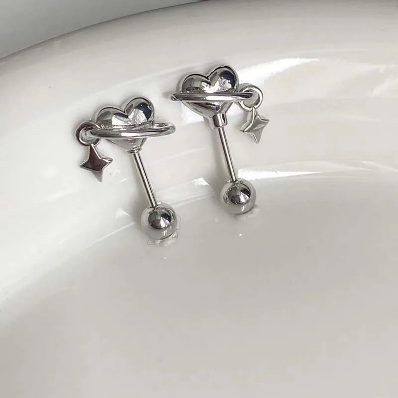 Stainless Steel Heart and Star Stud Earrings | Women's Punk Y2K Jewelry close-up view