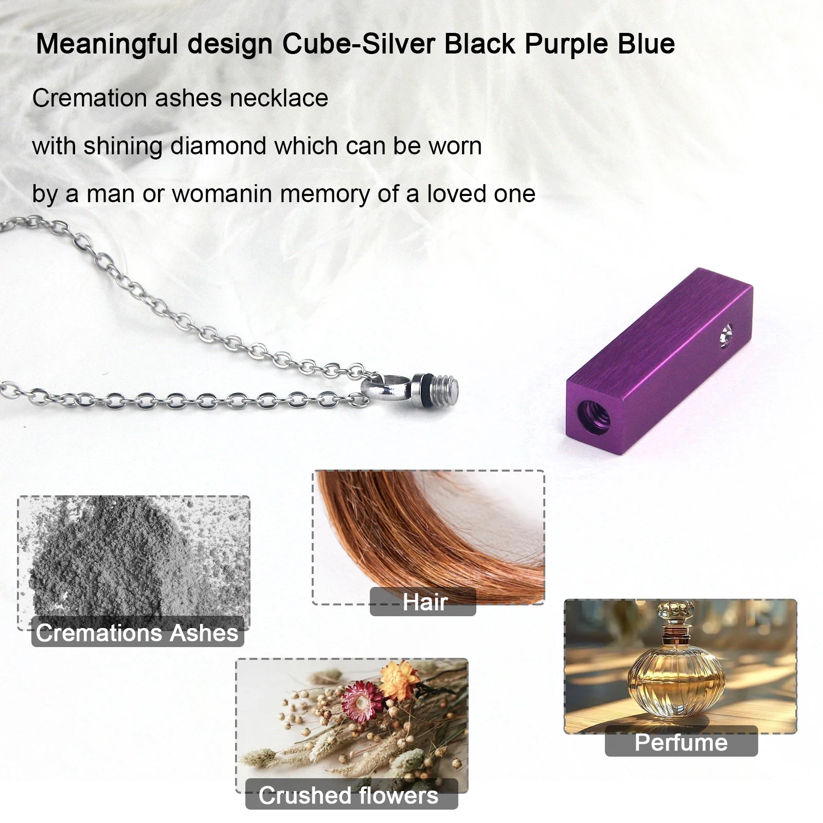 Cube Urn Necklace for Ashes Aluminum Alloy Cremation Necklace with Crystal Memorial Pe close-up view