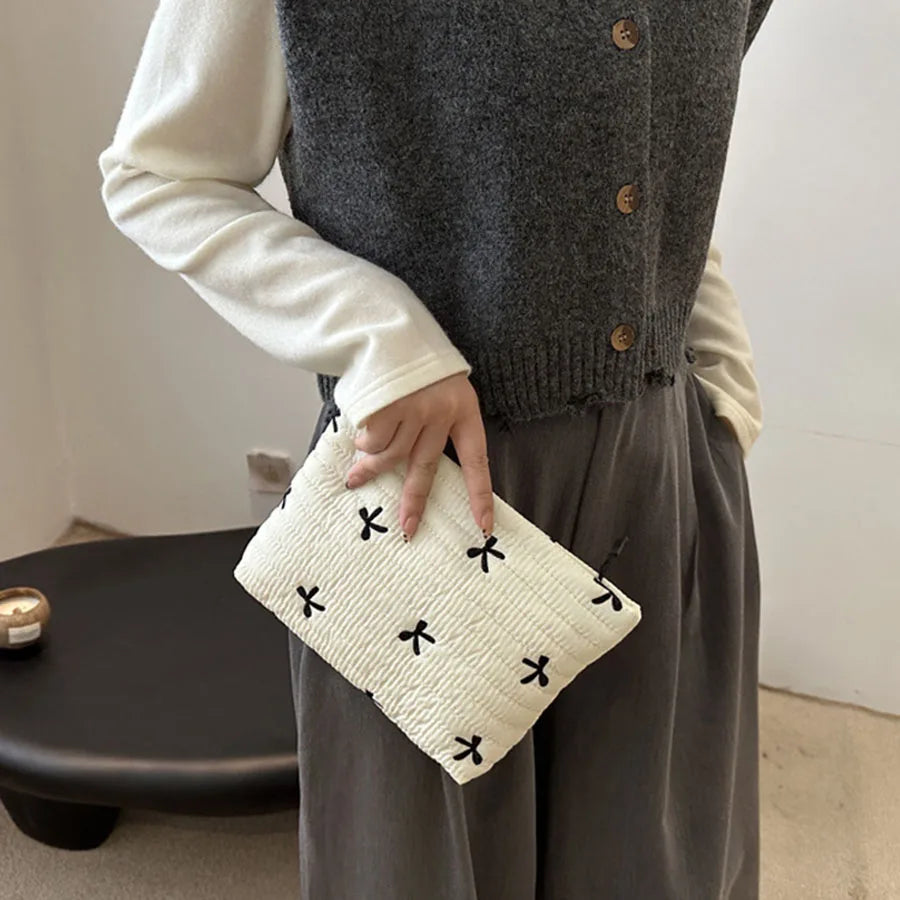 Cute Makeup Bag with Zipper Large Capacity Cosmetic Bag Embroidery Bow Wash Storage Bag detail view