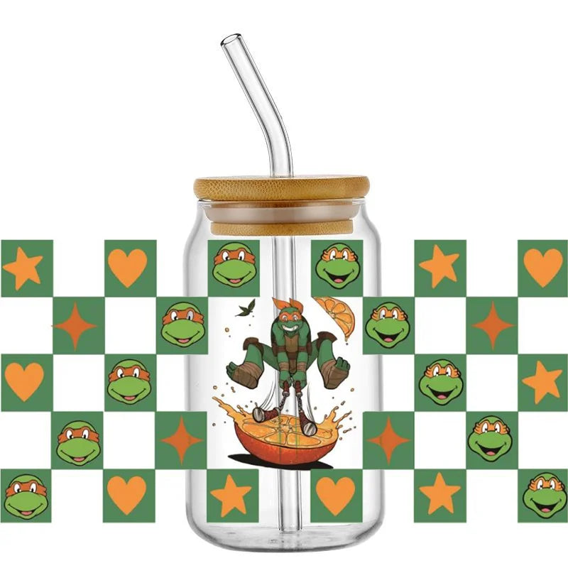 Cartoon Turtle Decal Stickers | Waterproof UV DTF Wrap for 16oz Libbey Glass lifestyle view