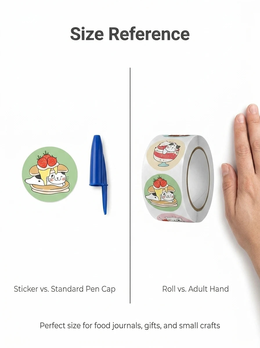 1Roll(500Pcs) Cute Cats in Cup Lovely Animal Stickers | 8 Designs DIY Decal Gift close-up view