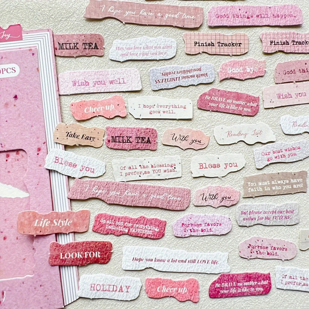 50 Pcs English Label Sticker Package | Junk Journal Scrapbook Embellishment Kit close-up view