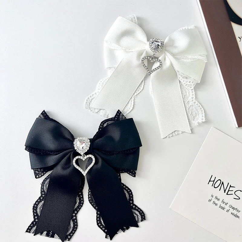 Women's Lace Bow Tie Brooches Hairclip Heart Shape Rhinestone Pendant Lolita Skirt Accessories Pin C