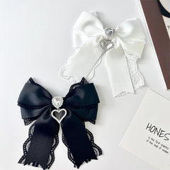 Women's Lace Bow Tie Brooches Hairclip Heart Shape Rhinestone Pendant Lolita Skirt Accessories Pin C