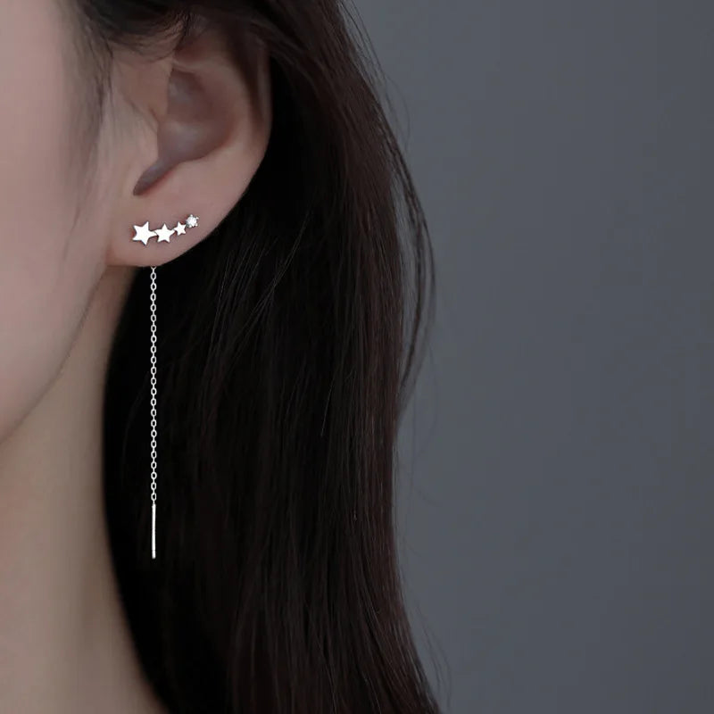 Ventfille 925 Sterling Silver Star Earring for Women Girl Simple Tassels Chain Fashion close-up view