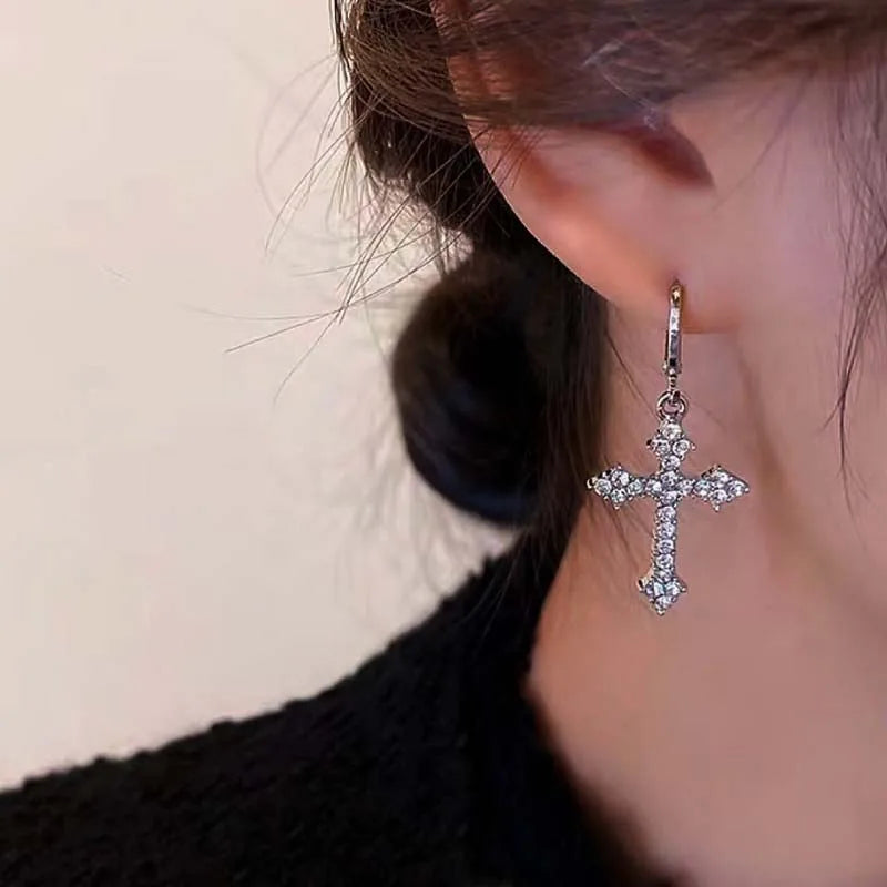 Korean Sliver Color Zircon Cross-Shape Drop Earrings | Punk Hip Hop Crystal Pendant Ea close-up view