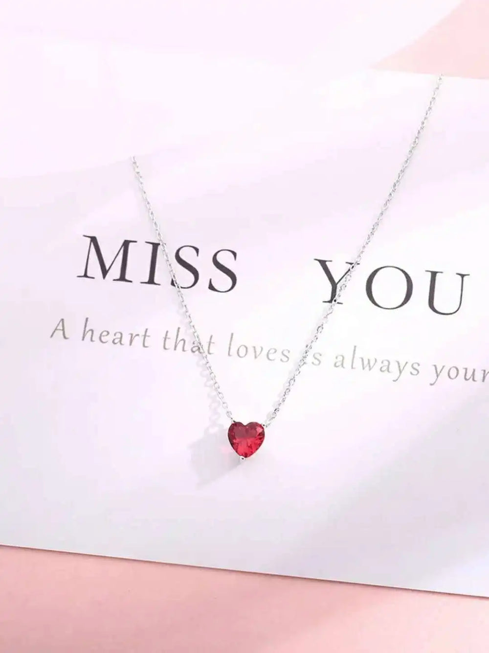 Silver Plated Red Zircon Heart Pendant Necklace | Women's Charm Jewelry detail view