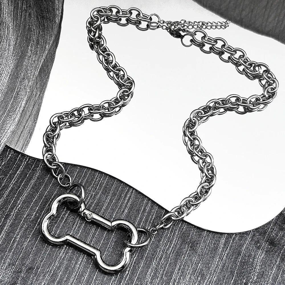 Punk Dog Bone Pendant Necklace | Stainless Steel Silver Goth Choker close-up view