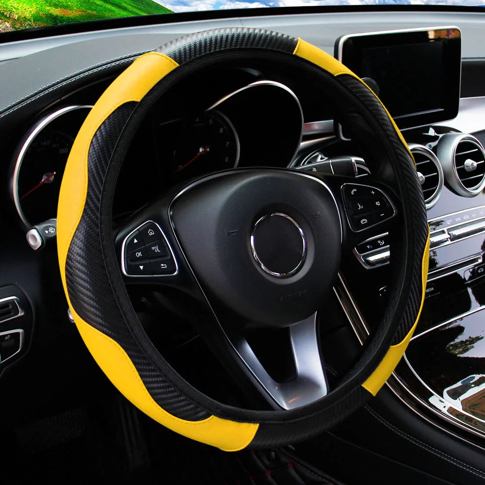 PU Carbon Fiber Leather Car Steering Wheel Cover | 14.5-15 Inch Grip Enhancer alternate view