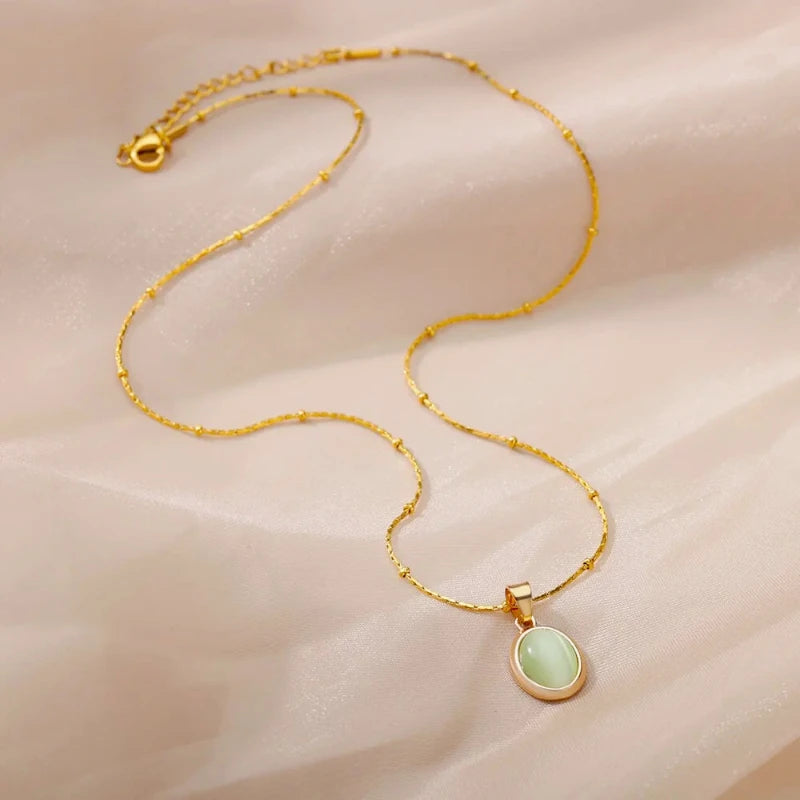 Fashion Stone Opal Oval Necklace For Women Stainless Steel Gold Color Oval Stone Pend lifestyle view