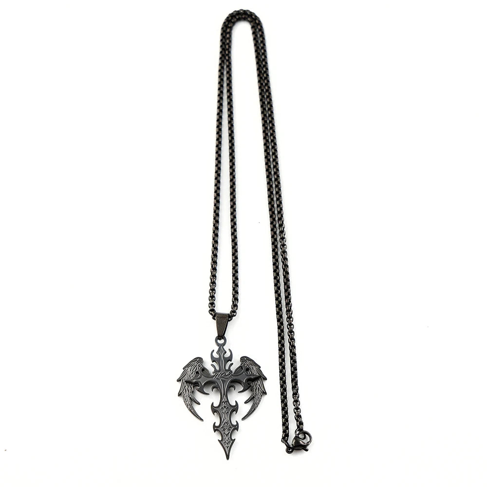 Gothic Punk Angle Wing Spiked Cross Pendant Necklace For Women Men Stainless Steel Black detail view