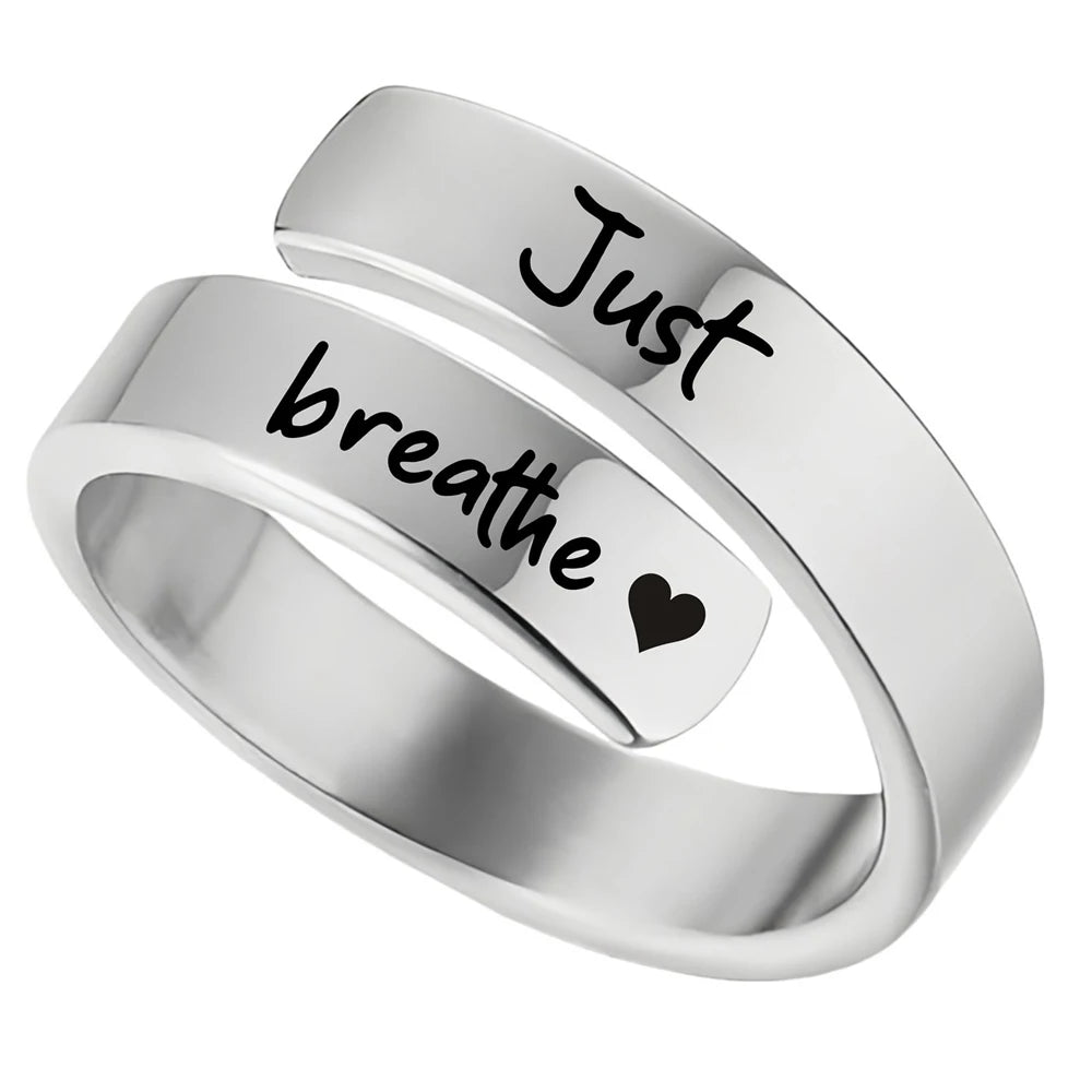 Just-Breathe-Heart-Ring-for-Women-Men,-Stainless-Steel-Spiral-Wrap-Healing-Rings,-Insp close-up view