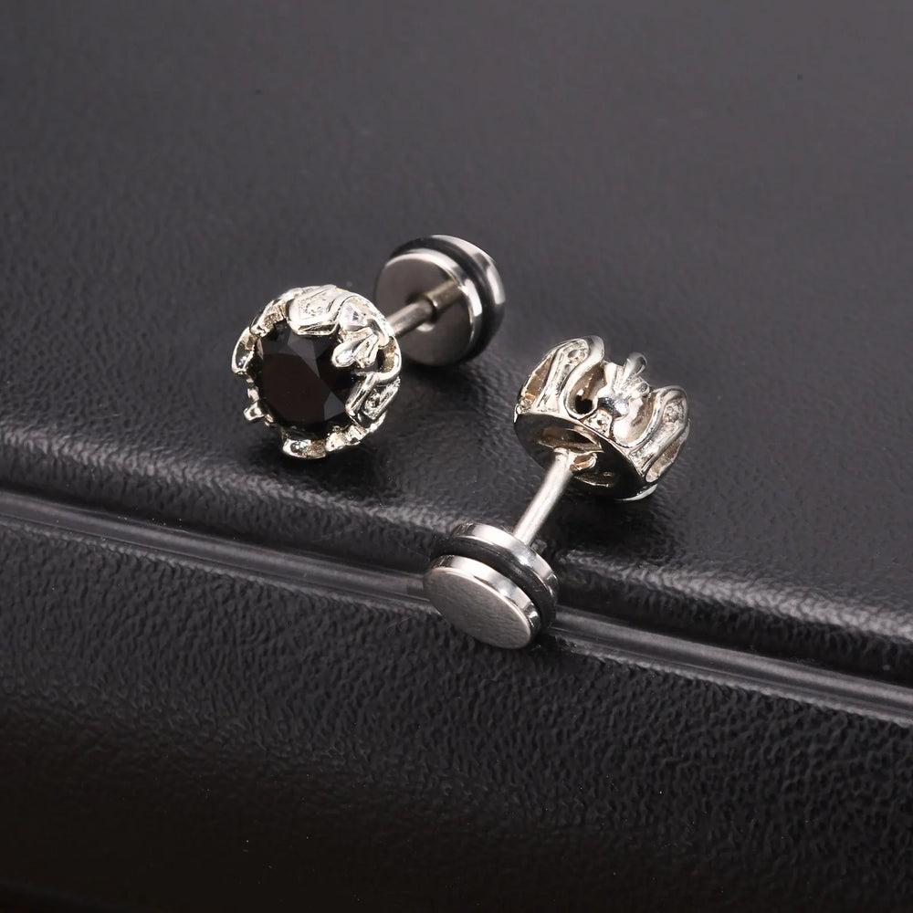 Unisex Black Onyx Screw Stud Earrings | Stainless Steel Retro Earrings for Men and additional angle