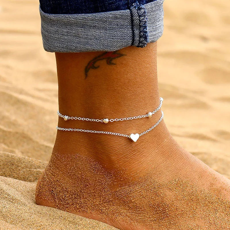 Modyle 2024 New Bohemia Handcuffs Anklet Multilayer Silver Color Foot Chain Fashion An close-up view